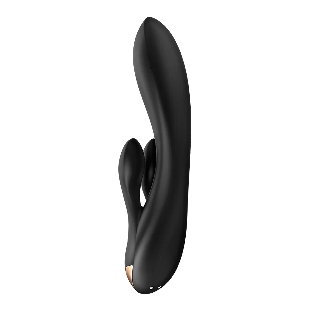 Vibromasseur noir en silicone pour double stimulation, design ergonomique et étanche pour plaisir et confort maximal.