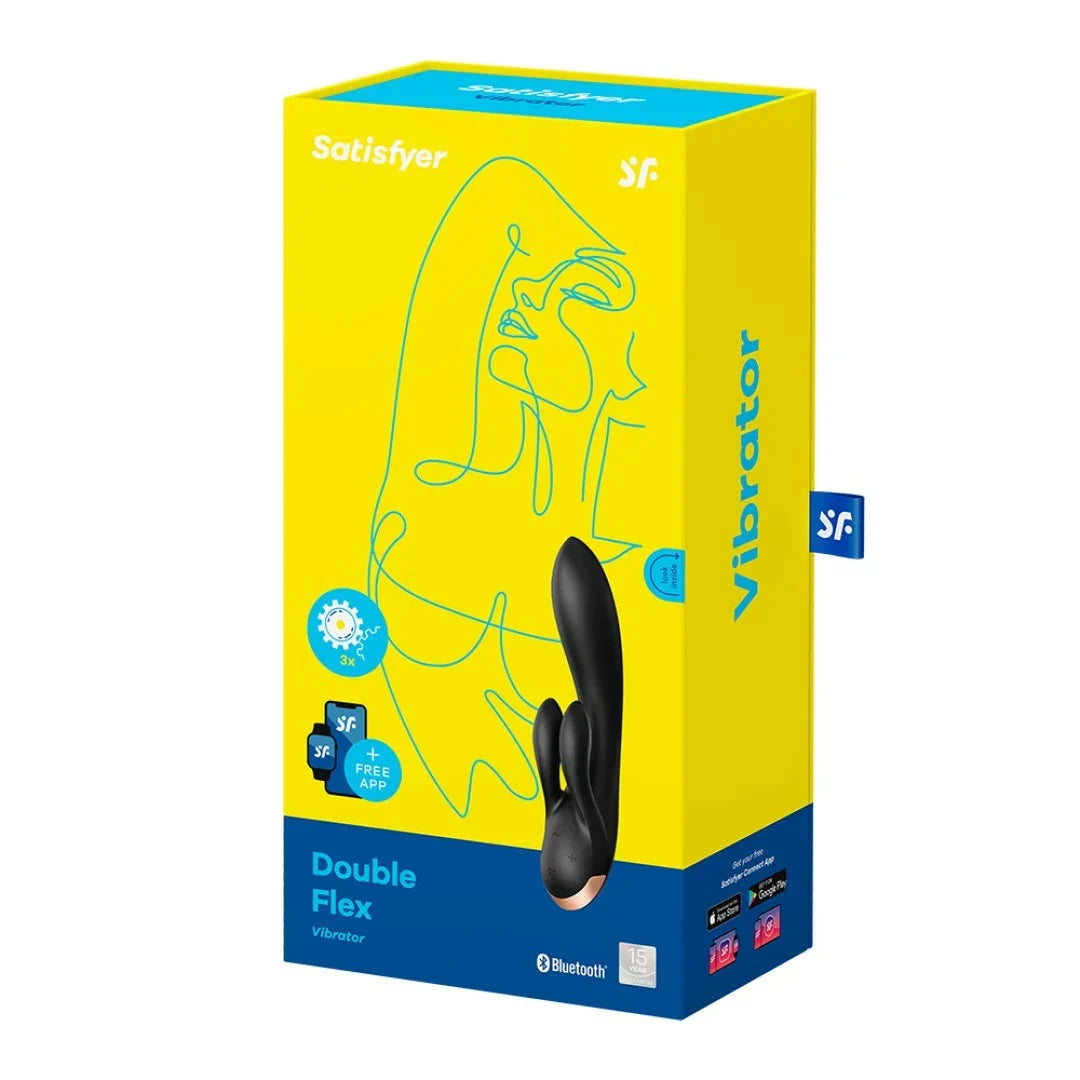 Vibromasseur noir double stimulation Satisfyer Double Flex, contrôle par app, silicone doux et waterproof.