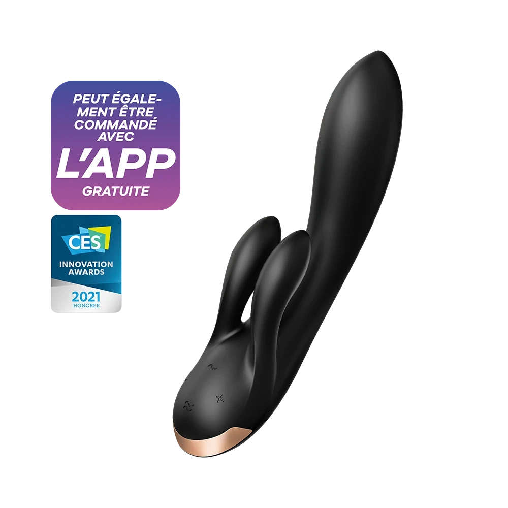 Vibromasseur noir double stimulation en silicone, compatible app, primé au CES 2021 pour un plaisir connecté optimal.