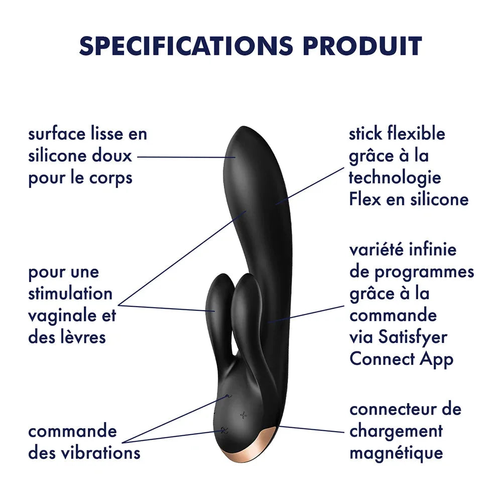 Vibromasseur noir double stimulation en silicone doux, flexible, avec contrôle via application, parfait pour plaisir personnalisé.