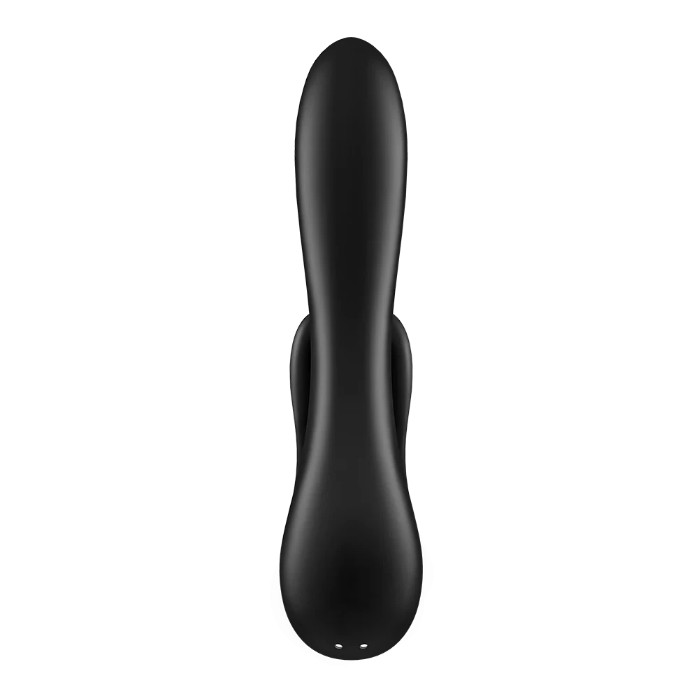 Vibromasseur noir en silicone pour stimulation double, étanche et ergonomique.