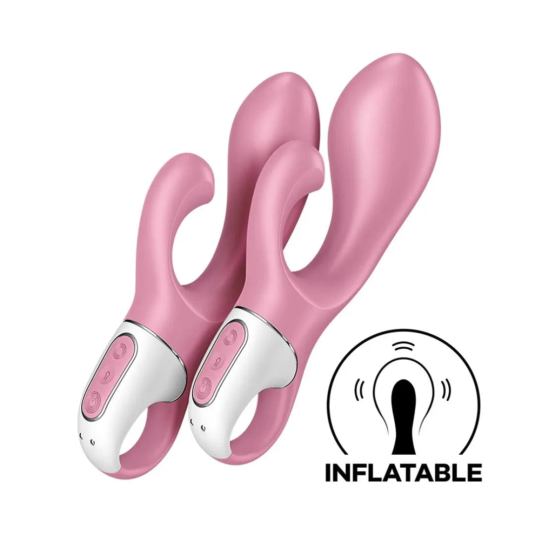 Vibromasseur rabbit rose gonflant en silicone, étanche et rechargeable USB, pour plaisir intime personnalisé.