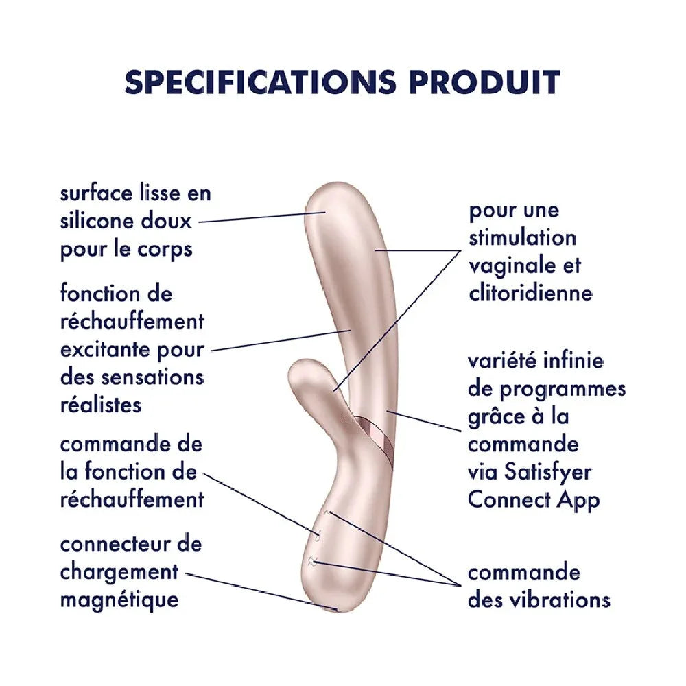 Vibromasseur rabbit en silicone nacré, chauffant et connecté, offre stimulation vaginale et clitoridienne avec Satisfyer App.