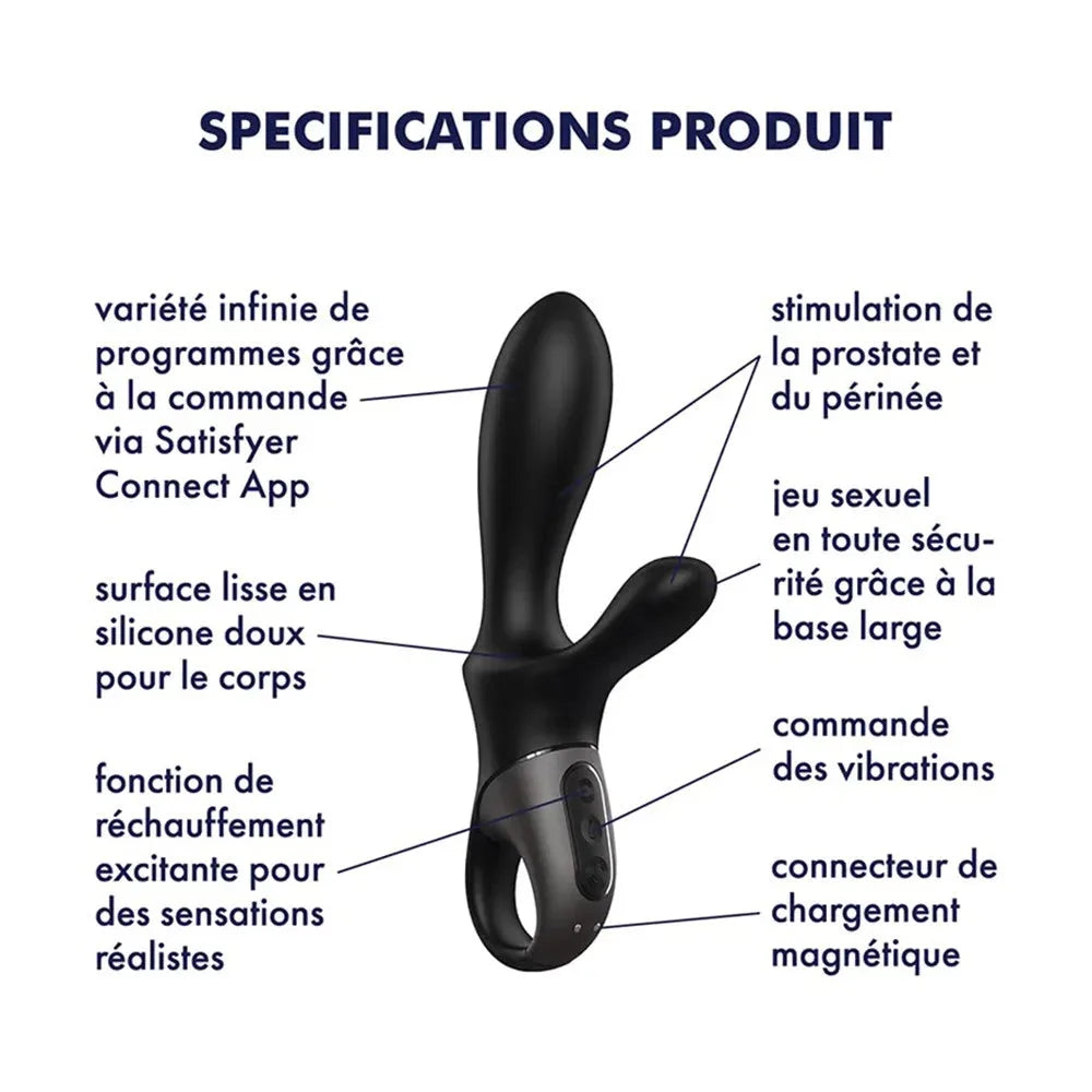 Vibromasseur rabbit en silicone noir, chauffant, connecté, avec contrôle des vibrations et stimulation prostatique.