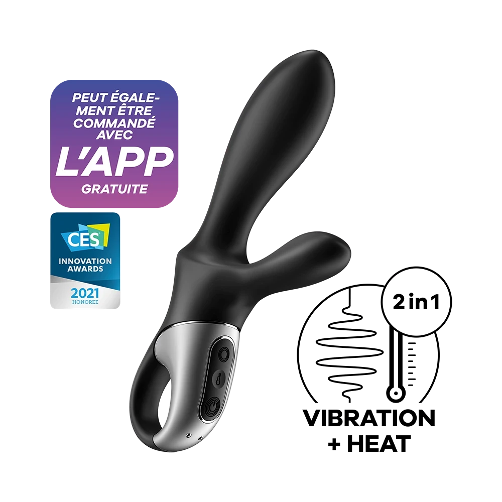 Vibromasseur rabbit noir connecté USB chauffant, design ergonomique, récompensé CES 2021, contrôlable via application mobile.
