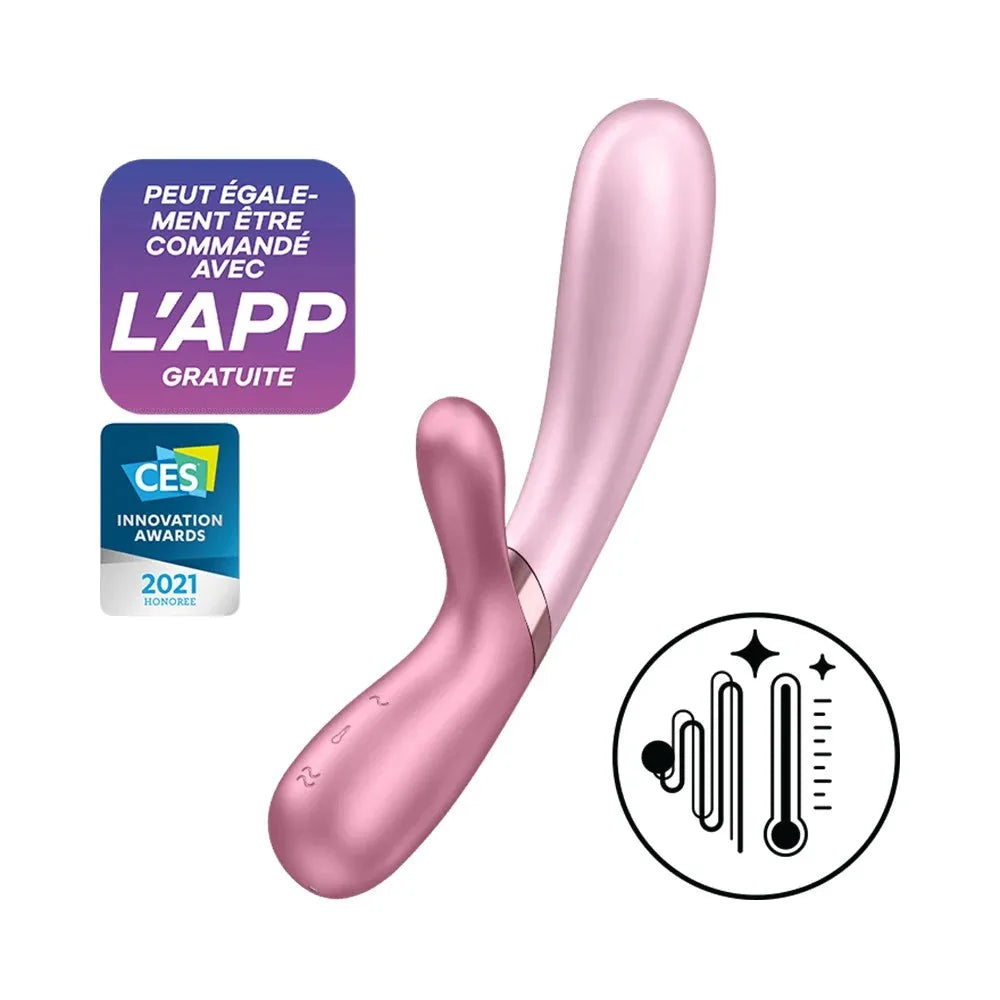 Vibromasseur Rabbit rose chauffant, connecté via USB, en silicone doux, compatible avec application mobile pour plaisir personnalisé.