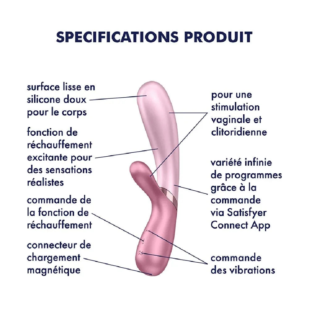 Vibromasseur rabbit rose en silicone avec fonction chauffante, stimulation vaginale et clitoridienne, connectivité USB.
