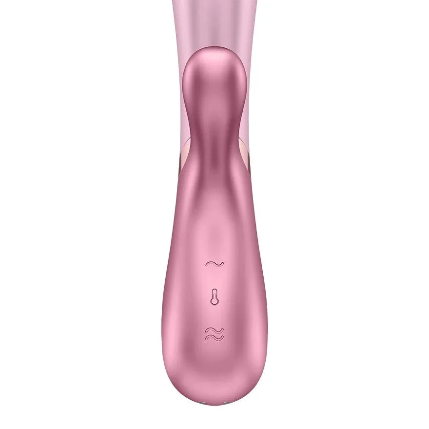 Vibromasseur rabbit rose connecté USB chauffant, en silicone ergonomique.