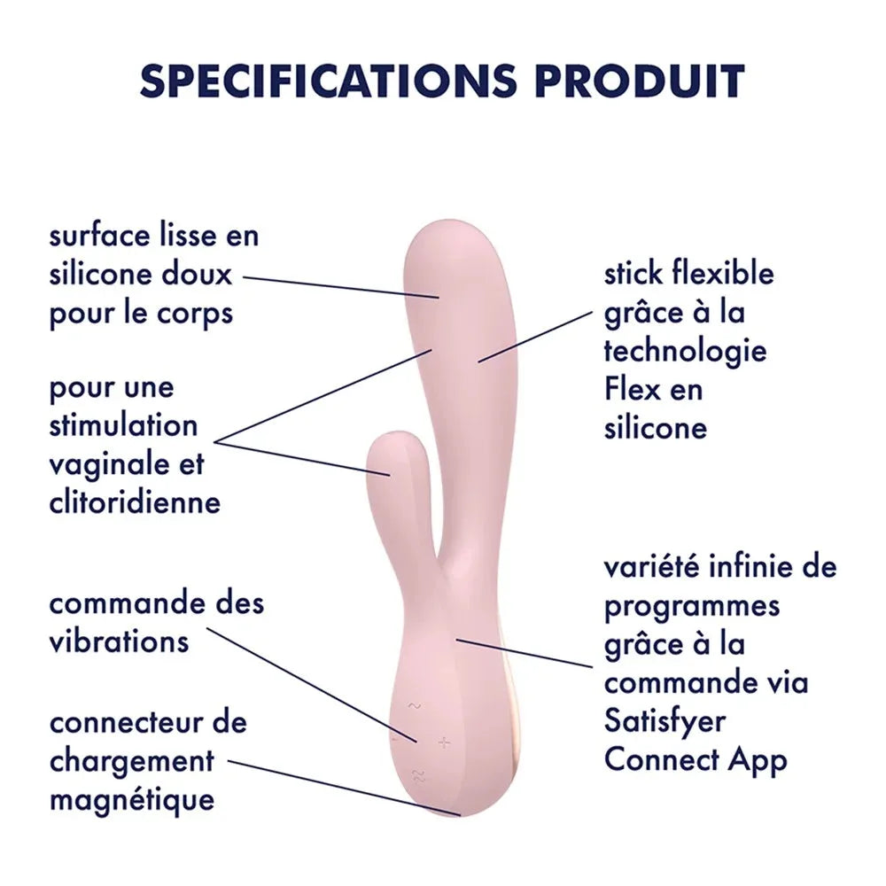 Vibromasseur rabbit rose en silicone doux, flexible, stimulation vaginale et clitoridienne, connectivité Satisfyer App.