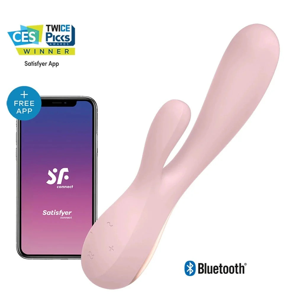 Vibromasseur rabbit connecté rose en silicone avec appli Bluetooth, pour plaisir intense et versatile.