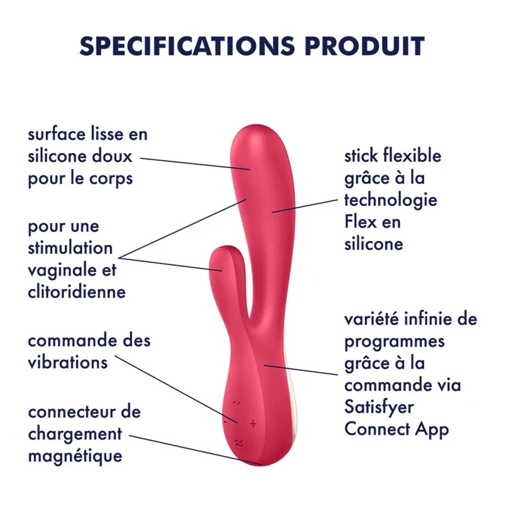 Vibromasseur rabbit connecté rouge en silicone doux, stimulation vaginale et clitoridienne, contrôlé par app Satisfyer.