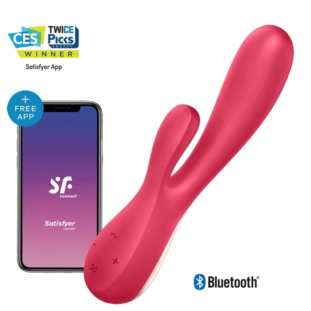 Vibromasseur rabbit rouge connecté, silicone doux, compatible application, pour plaisirs intimes personnalisés.