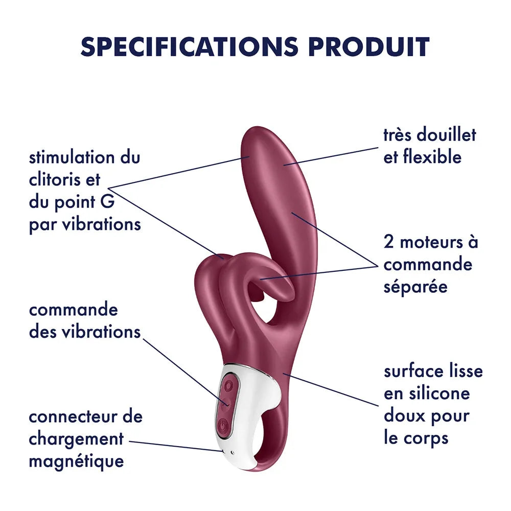 Vibromasseur rabbit rouge en silicone, double stimulation clitoris et point G, commandes séparées, doux et flexible.