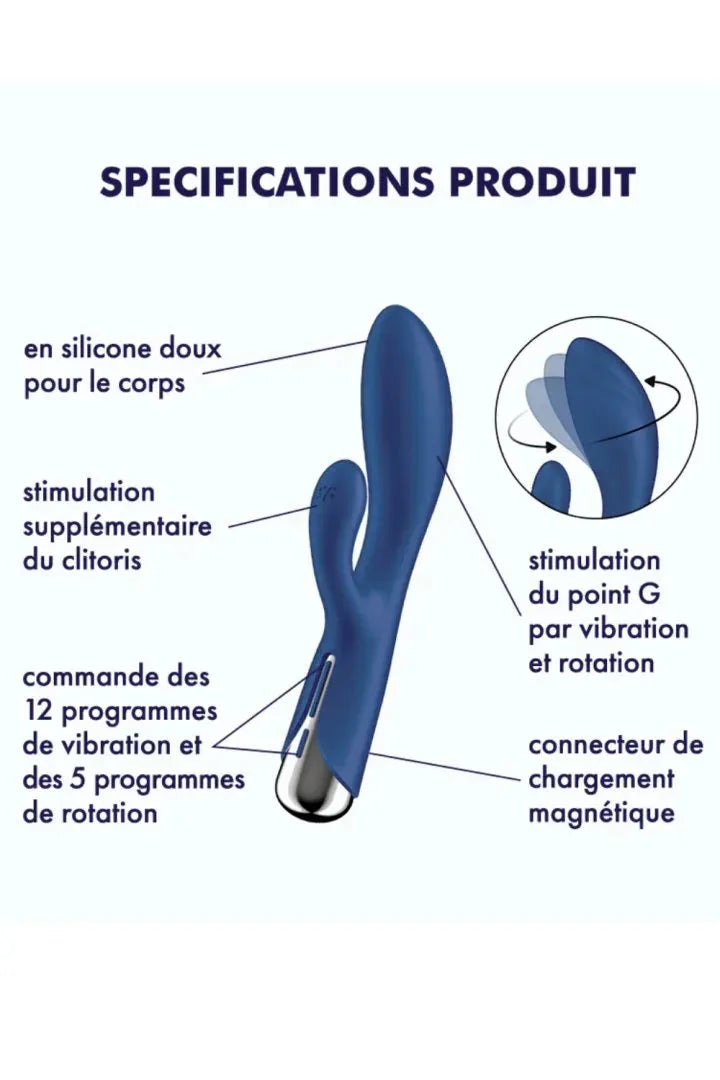 Vibromasseur rabbit bleu en silicone doux, stimulation clitoridienne et point G, 12 programmes, recharge magnétique.