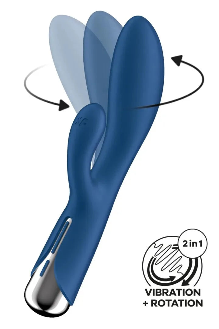 Vibromasseur rabbit bleu, USB, tête rotative, doublé vibration, silicone doux, intime et innovant.