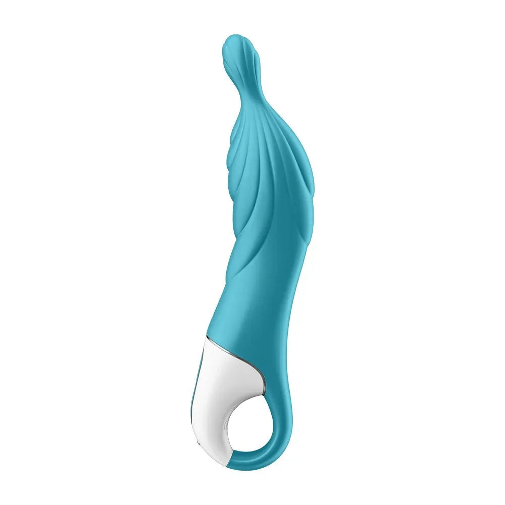 Vibromasseur turquoise rainuré en silicone, ergonomique et waterproof pour stimulation intense.