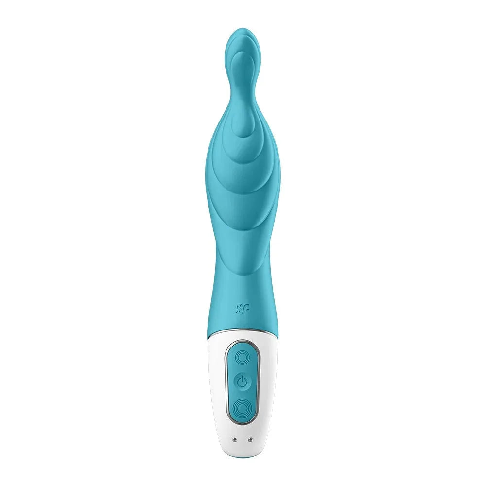Vibromasseur turquoise ergonomique en silicone, design rainuré, pour massage intime et stimulation précise.