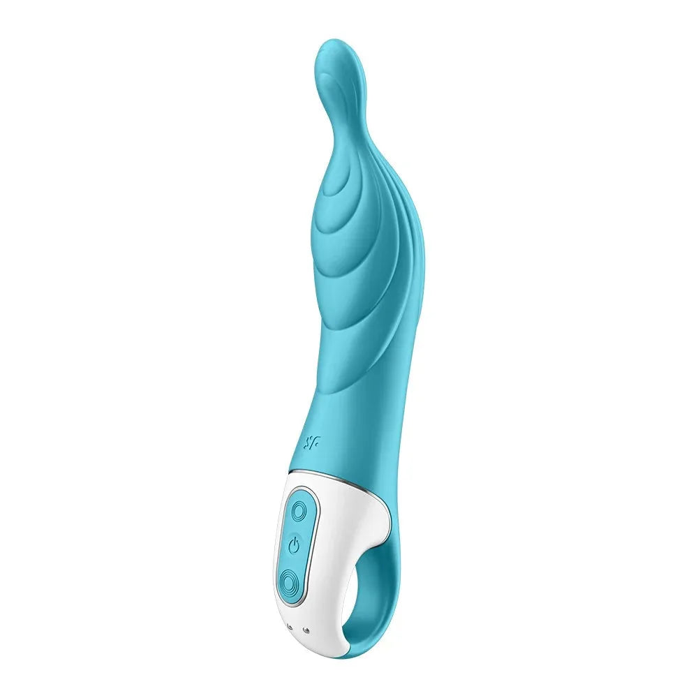 Dildo vibrant turquoise en silicone texturé, rechargeable pour plaisir intense.