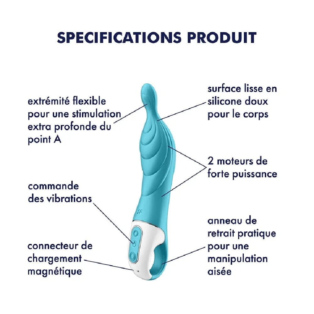 Vibromasseur turquoise en silicone doux, stimulation point A, 2 moteurs puissants, recharge magnétique, design ergonomique.