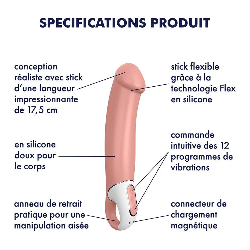 Vibromasseur flexible silicone rose, 17,5 cm, 12 modes, waterproof et charge magnétique, soyons précis et séduisants.