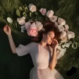 Une femme allongée sur l'herbe, entourée de fleurs colorées, profitant d'un moment de détente en pleine nature.