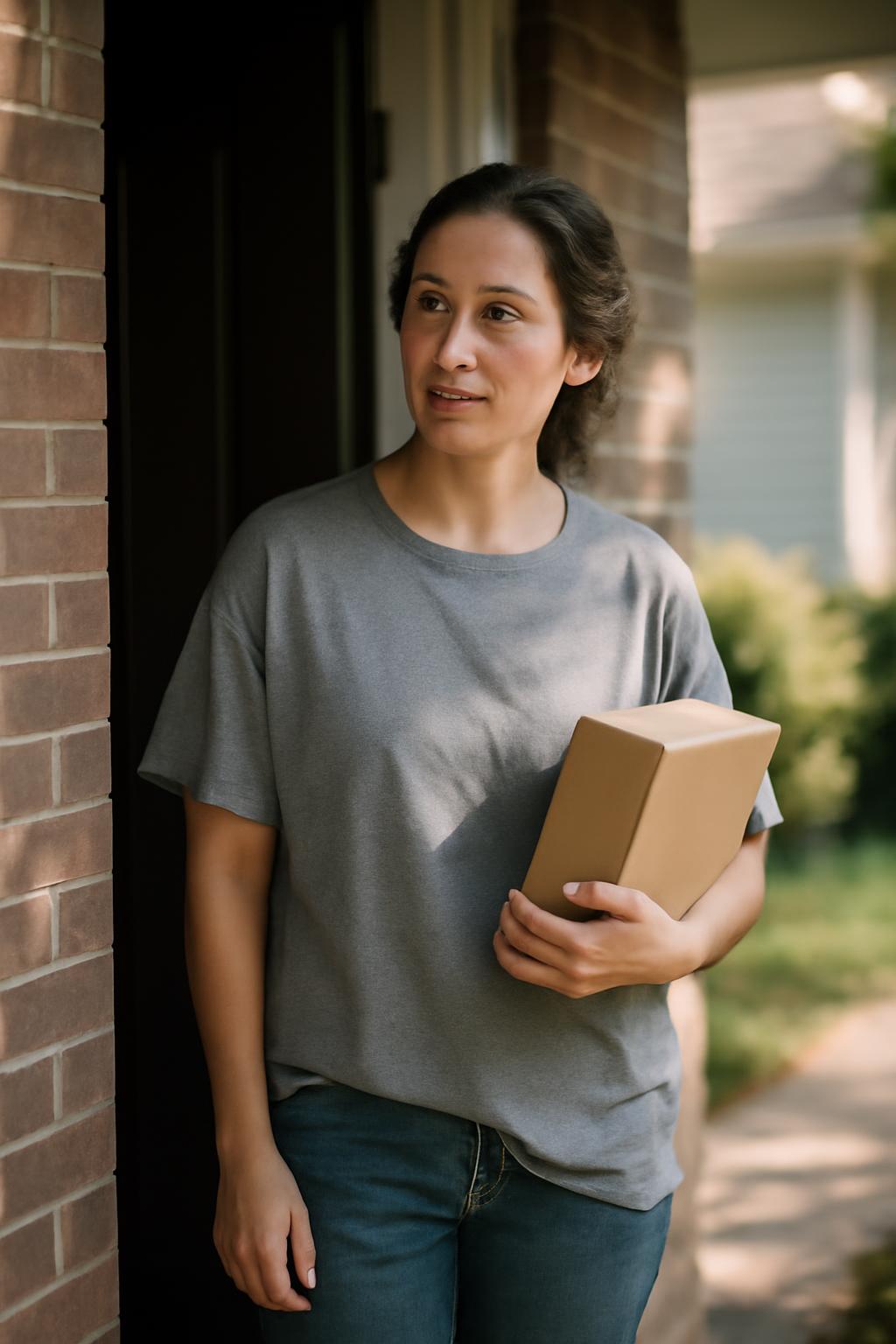 Image d'une femme dans un environnement intérieur, symbolisant l'intrigue et le désir d'une liaison interdite, évoquant l'histoire de La femme mariée et le livreur — mais avec une vraie psychologie, où le manque de contact physique