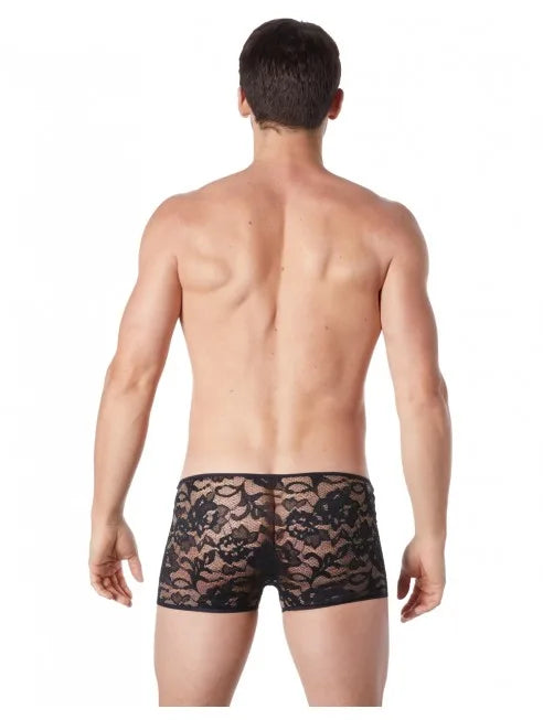 Grossiste lingerie homme Boxer noir en fine dentelle avec légère transparence