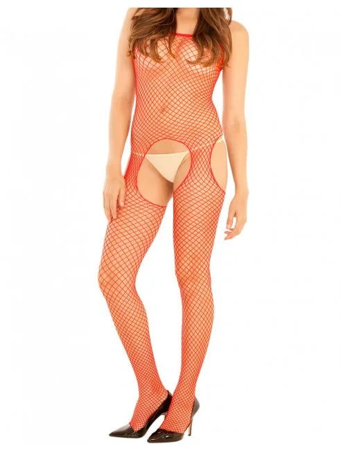 Grossiste lingerie René Rofé Bodystocking rouge filet ouvert devant et derrière