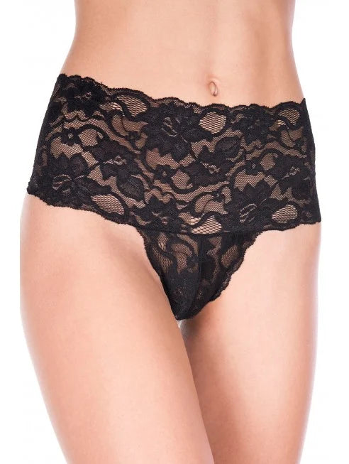 Tanga string noir grande taille haute large bande de dentelle florale