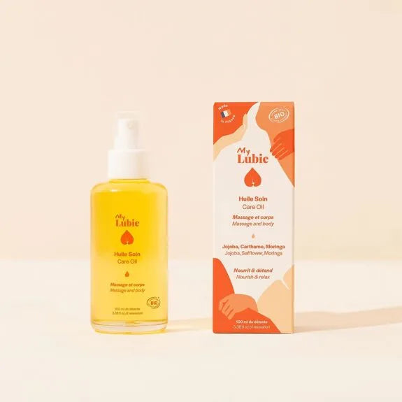 Huile de soin bio pour massage corps, enrichie en jojoba, carthame et moringa, nourrit et détend naturellement.