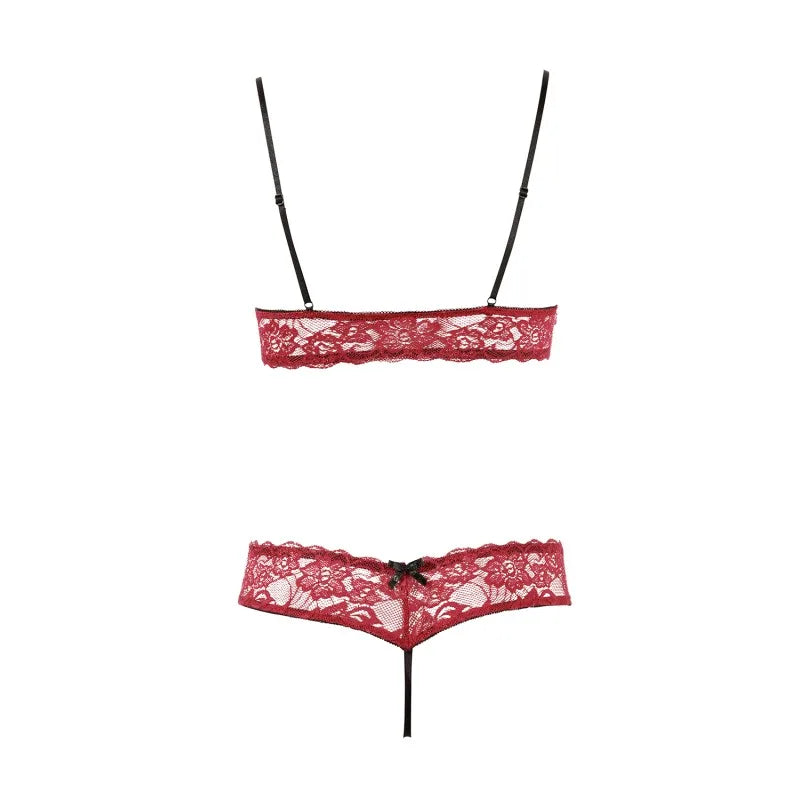 Soutien-gorge, bonnets ouverts, en dentelle rouge et string assorti