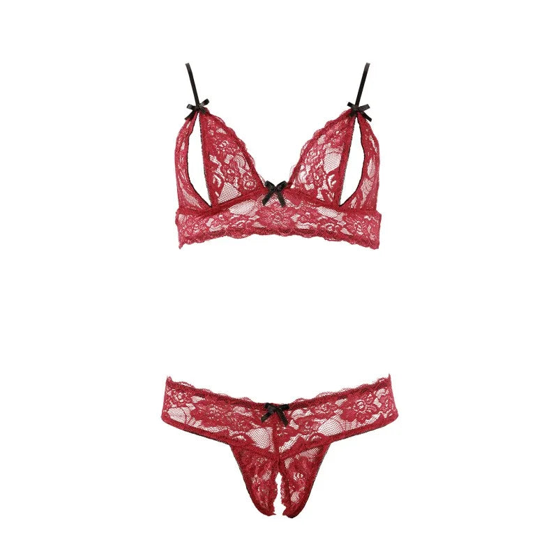 Soutien-gorge, bonnets ouverts, en dentelle rouge et string assorti
