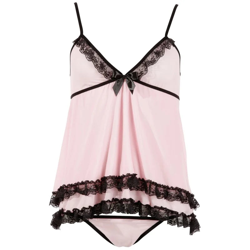 Nuisette doublée rose avec dentelle florale et string