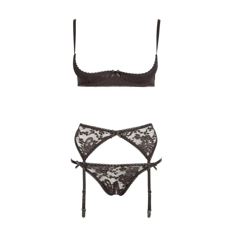 Ensemble sexy trois pièces en dentelle noire