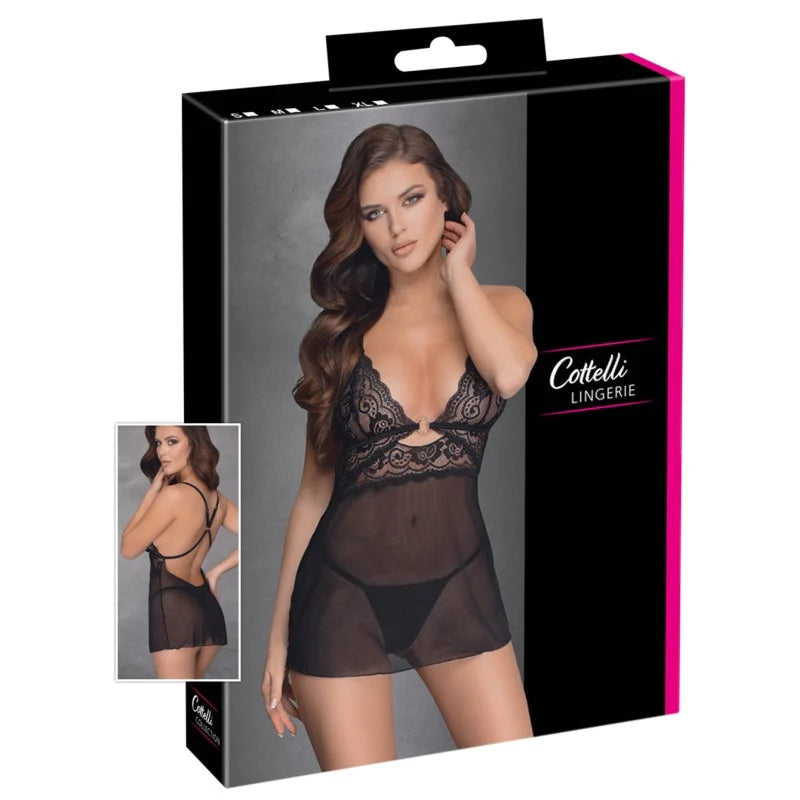 Nuisette noire en dentelle et résille transparente avec string