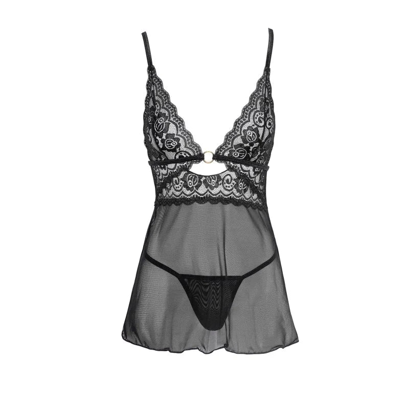 Nuisette noire en dentelle et résille transparente avec string