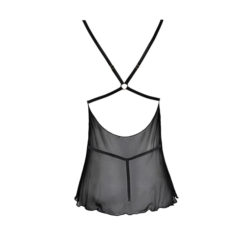 Nuisette noire en dentelle et résille transparente avec string