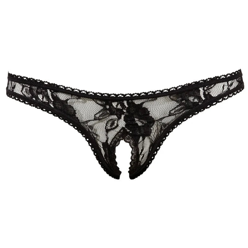 String ouvert à l'entre-jambe en dentelle noire