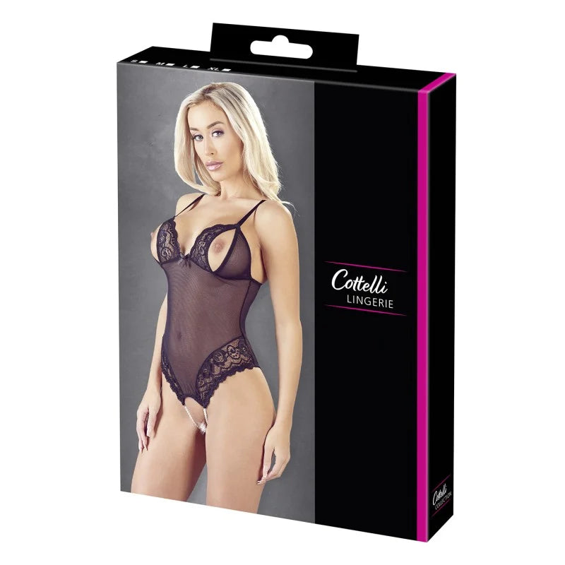 Body string en dentelle et résille noire avec perles à l'entrejambe