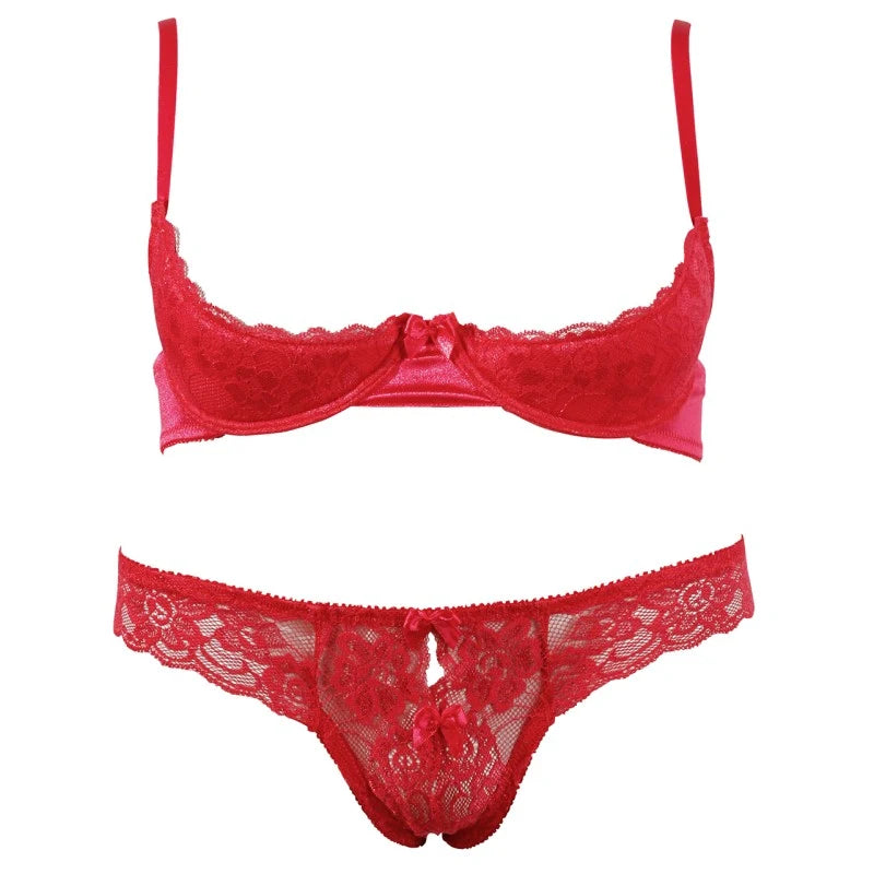 Soutien-gorge demi seins avec armatures et son string ouvert