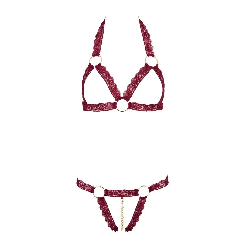 Soutien-gorge ouvert et string rouge à larges bandes sexy
