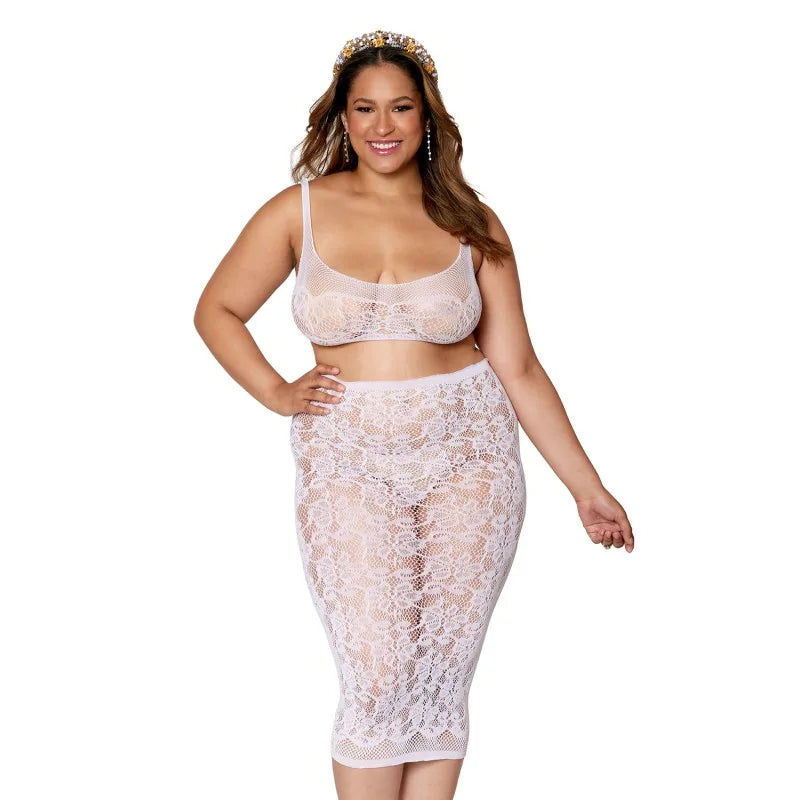 Ensemble 2 pièces grande taille, brassière résille fantaisie et jupe longue assorti