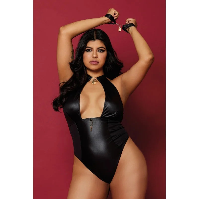 Body wetlook noir grande taille avec menottes, cadenas bijoux et clé bijou inclus