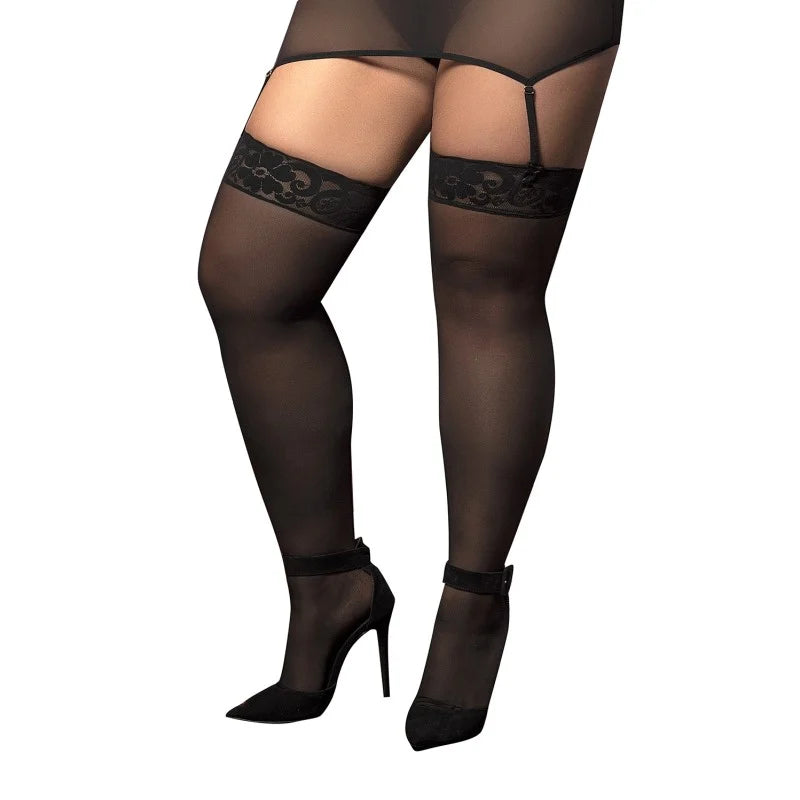 Bas nylon noirs autofixants, grande taille, jarretières dentelle