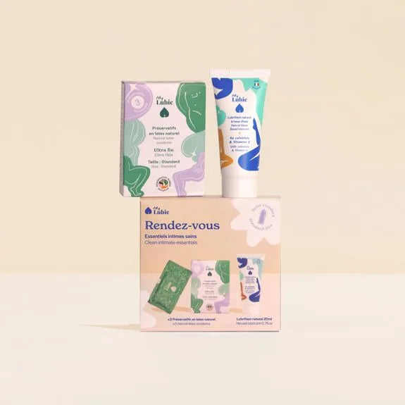Essentiels intimes naturels: préservatifs en latex bio et lubrifiant doux, pour des moments confortables et sûrs.