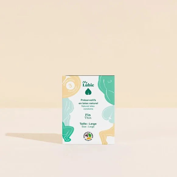 Préservatifs en latex naturel, fins et larges, My Lubie, emballage design vert et beige.