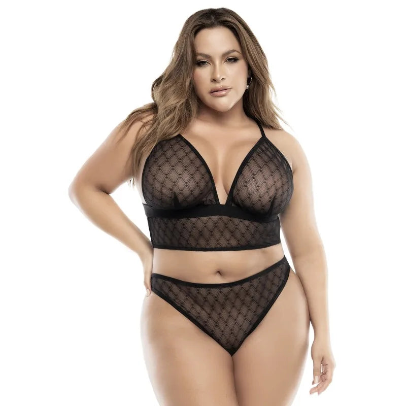 Soutien-gorge, string et jupe, grande taille, résille noire