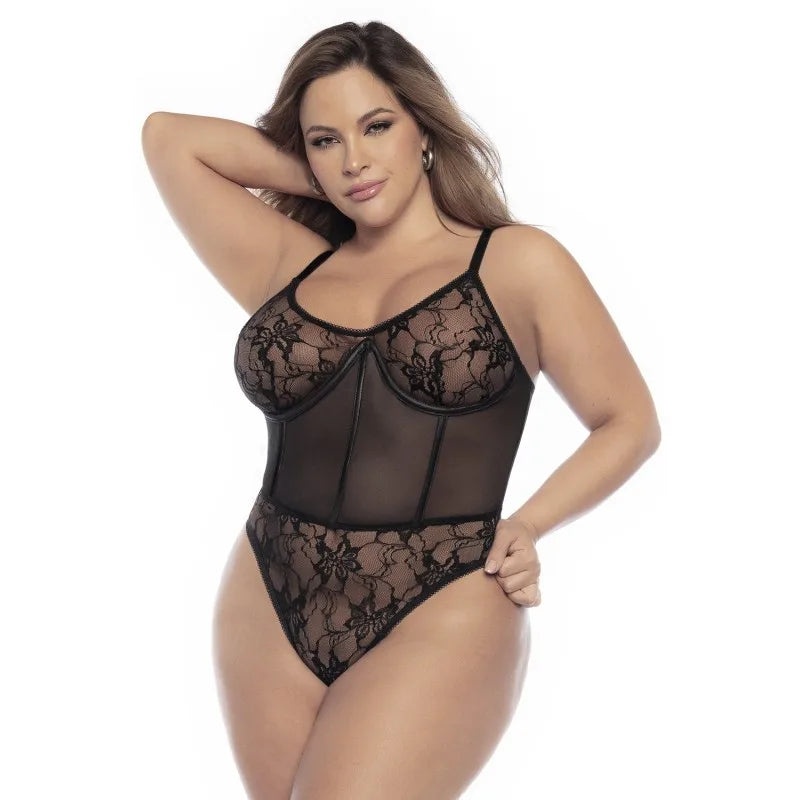 Body noir, grande taille, en résille et dentelle et laçage dans le dos