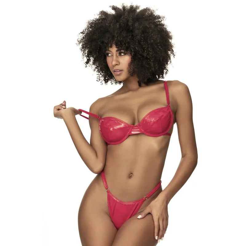 Ensemble lingerie sexy en vinyle rouge avec soutien-gorge et string