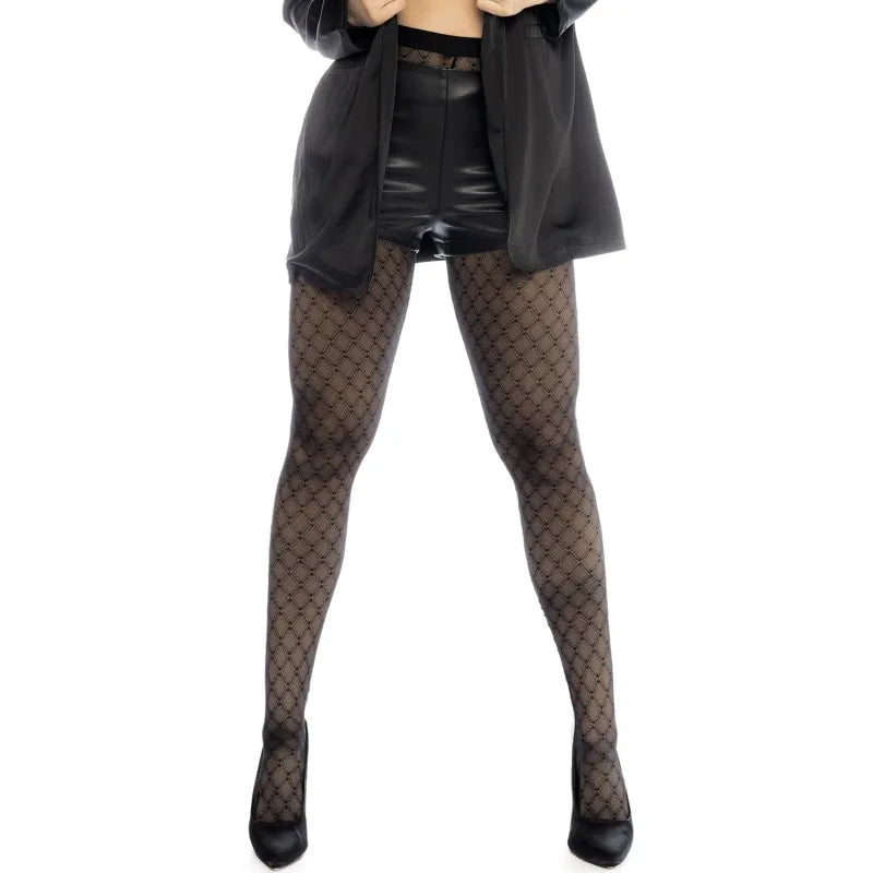 Collant résille noire transparent imprimé
